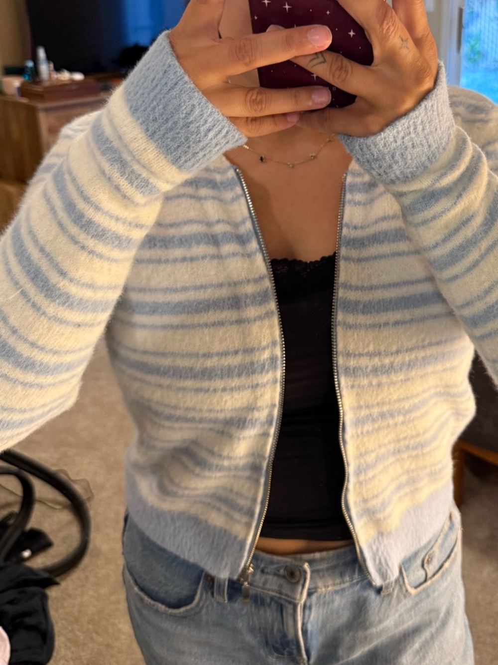Striped Hooded Zip Up - Light Blue & Cream